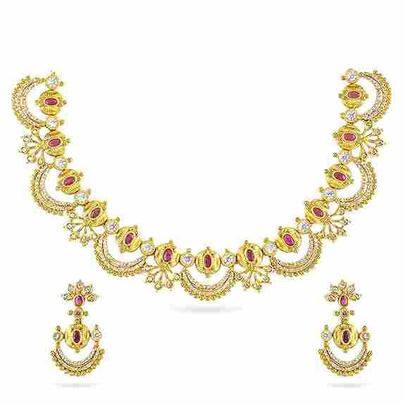 Rubans 24K Gold-Plated Cubic Zirconia & Pearl Beaded Temple Jewellery Set in Crescent Motif Design for Women – Weddings, Festive Occasions & Traditional Ceremonies